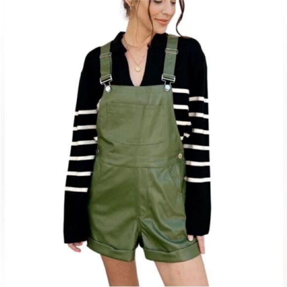 WeWoreWhat Green Faux Leather Short Overalls Small New with Tag - Picture 1 of 9
